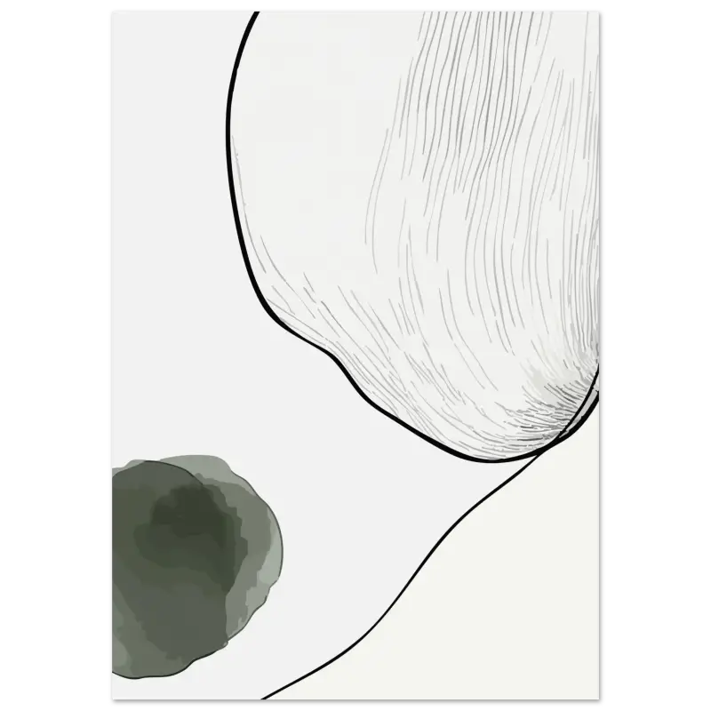 Œuvre d’art minimaliste abstraite présentant une grande forme grise ombrée en douceur avec une texture finement hachurée et un petit blob aquarelle vert foncé sur un fond blanc cassé clair.