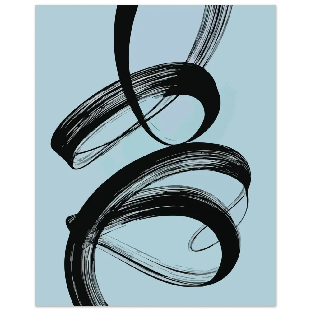 Œuvre d’art abstraite de coup de pinceau noir sur un fond bleu clair.