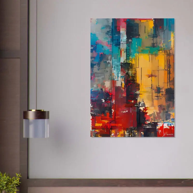 Peinture abstraite sur toile vibrante présentant des coups de pinceau audacieux de rouge, bleu, jaune et turquoise sur une surface texturée.