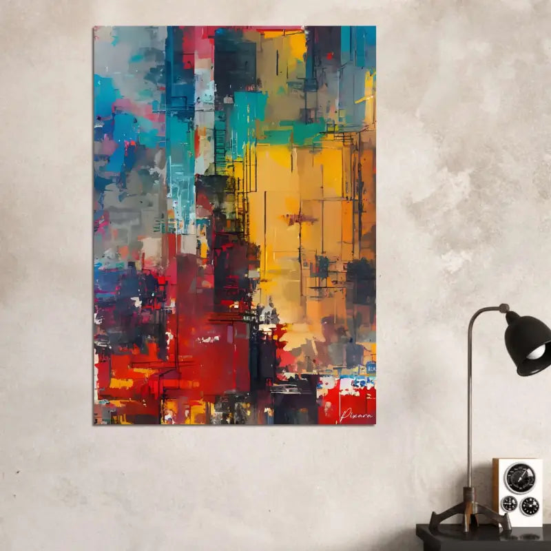 Peinture abstraite sur toile vibrante présentant des coups de pinceau audacieux en bleu, rouge, jaune et turquoise avec une surface texturée.