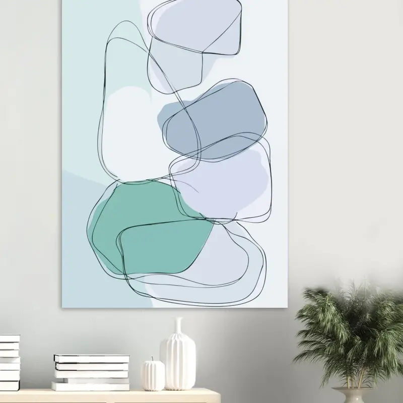 Art abstrait sur toile présentant des formes organiques superposées en tons de teal doux et de bleu atténué, soulignées de fines lignes noires.