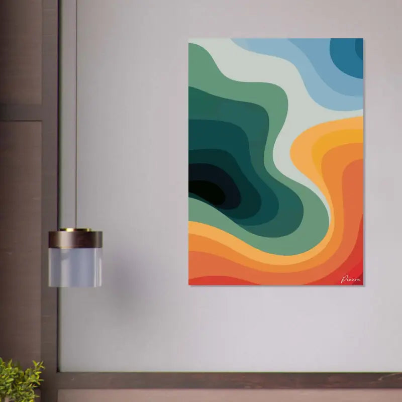 Art mural abstrait vibrant présentant des vagues fluides de teal, vert, orange et bleu sur une toile mate.