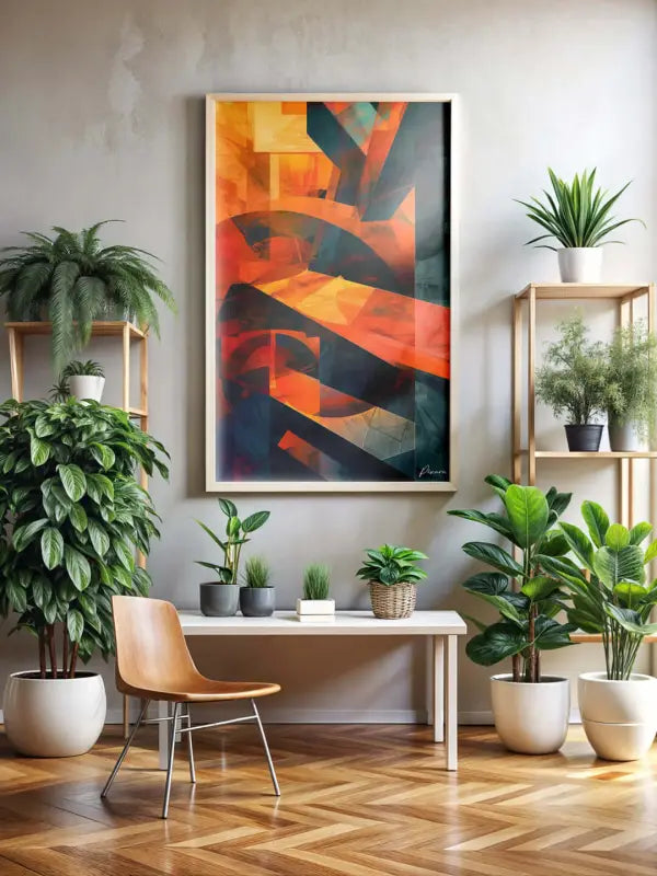 Une peinture abstraite vibrante avec des formes géométriques audacieuses en orange, rouge et foncé dans un cadre en bois clair est accrochée au mur.