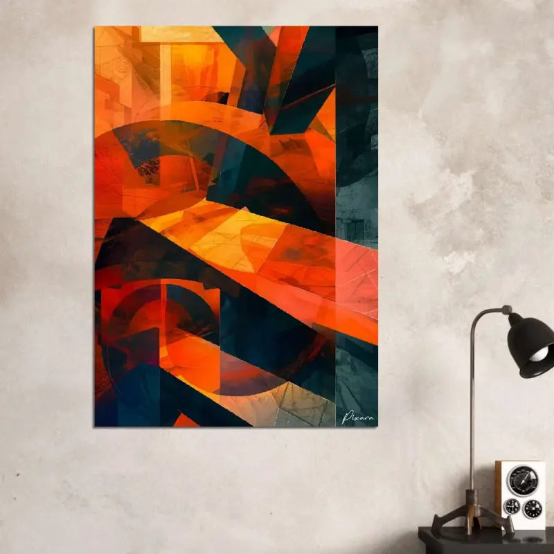 Toile abstraite vibrante présentant des formes géométriques audacieuses en orange vif, rouge et bleu-vert profond.