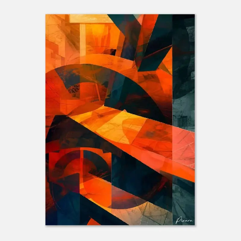 Œuvre d’art numérique abstraite mettant en scène des formes géométriques audacieuses dans des tons orange vif, rouge et bleu profond.