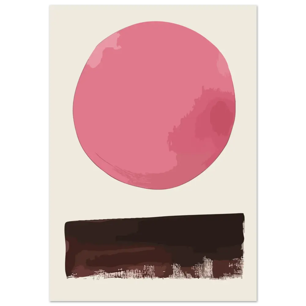 Une estampe d’art minimaliste présentant une forme circulaire rose audacieuse au-dessus d’une bande horizontale marron foncé avec des détails subtils de paysage urbain.
