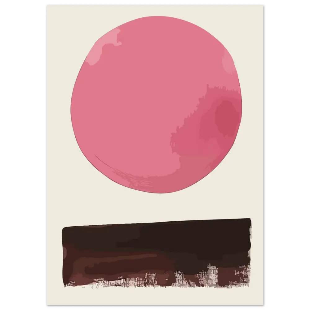 Une impression d’art abstrait minimaliste mettant en scène une forme circulaire rose audacieuse au-dessus d’une bande horizontale marron foncé avec des détails texturés évoquant des coups de pinceau.