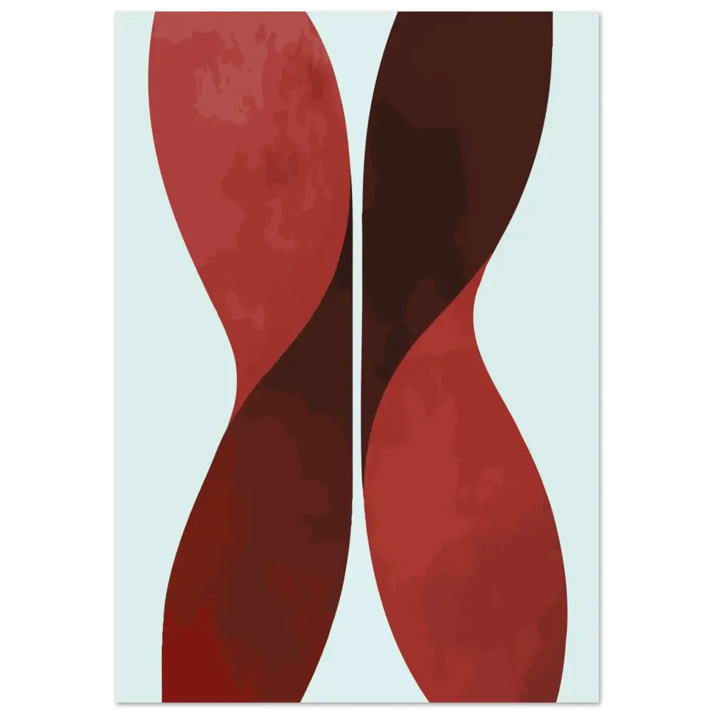 Œuvre d’art abstrait présentant deux formes fluides et entrelacées en rouge profond et marron foncé sur un fond bleu clair.