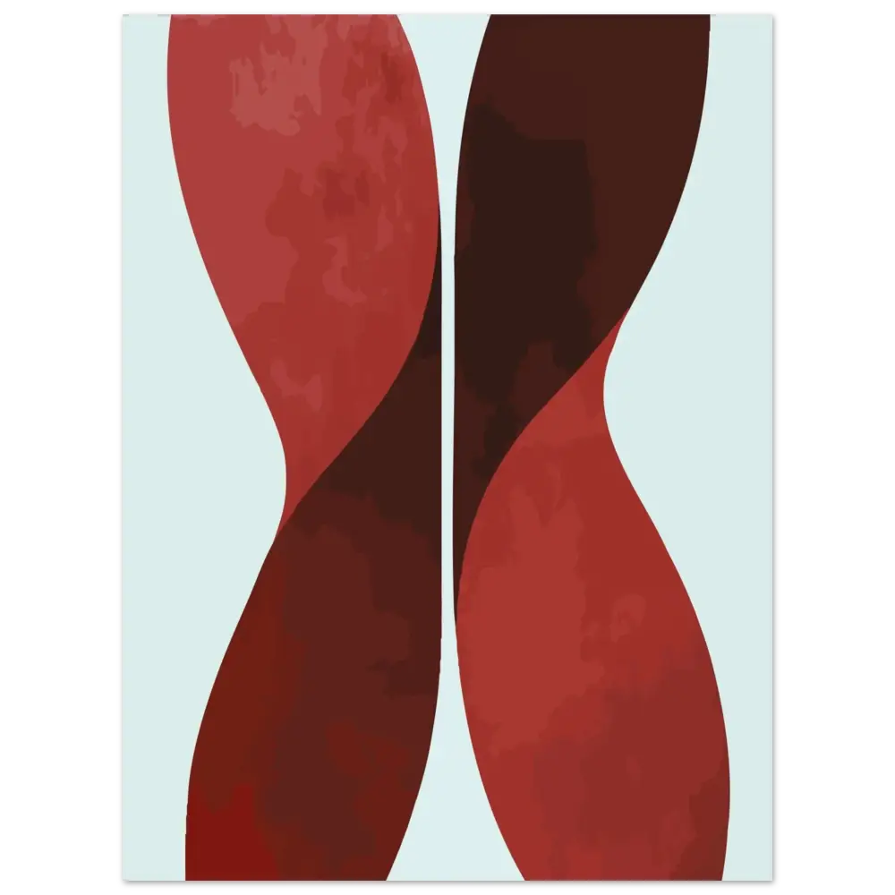 Impression d’art abstrait mettant en scène des courbes audacieuses et fluides rouge et brun foncé sur un fond bleu clair.