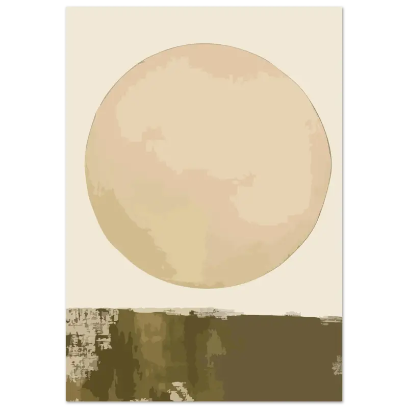 Une peinture abstraite minimaliste présentant une grande forme circulaire beige pâle sur un fond crème atténué avec des bandes horizontales texturées marron terreux en dessous.