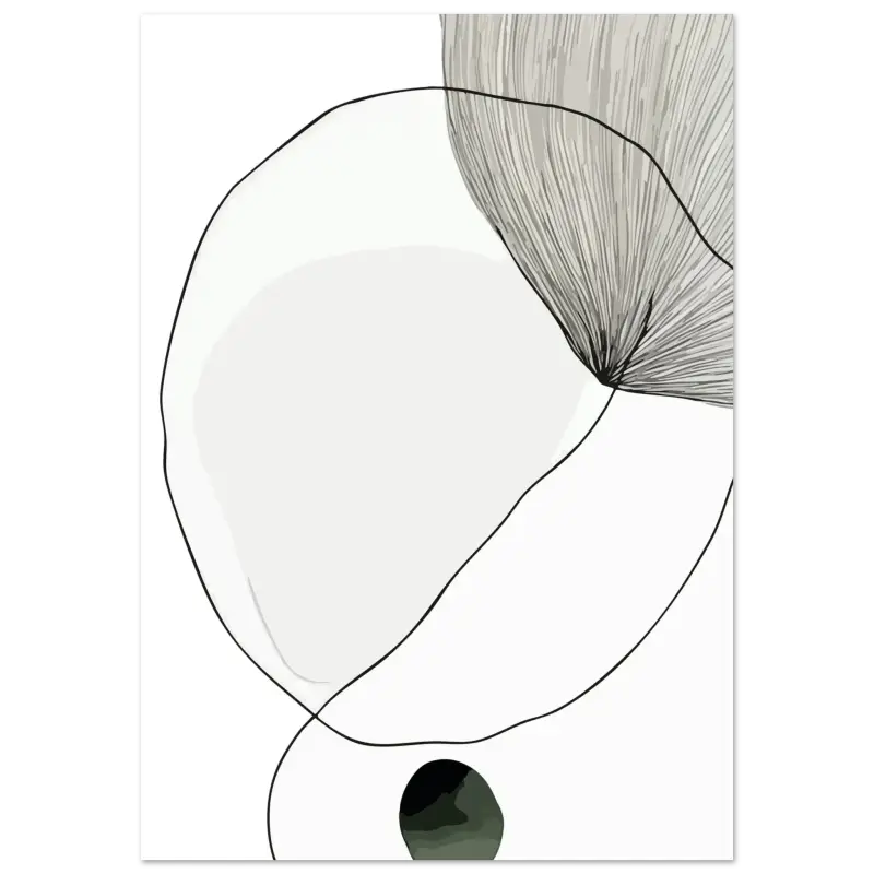 Impression d’art abstrait minimaliste mettant en scène des formes organiques gris clair et noir sur un fond blanc épuré.