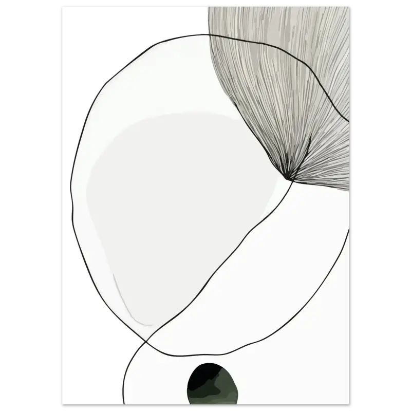 Estampe d’art abstrait minimaliste présentant des formes organiques gris clair et noir sur un fond blanc épuré.