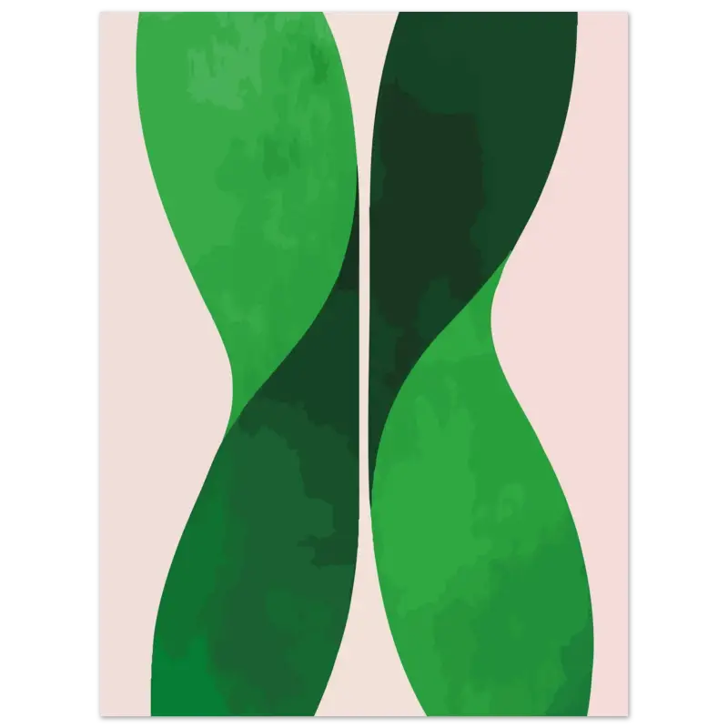 Estampe d’art abstrait mettant en scène deux formes vertes asymétriques et fluides sur un fond beige doux.