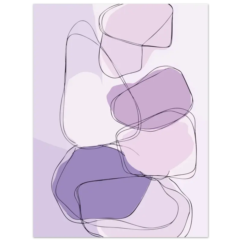 Impression abstraite mettant en scène des formes organiques superposées en lavande douce, violet atténué et blanc, délimitées par de fines lignes noires.