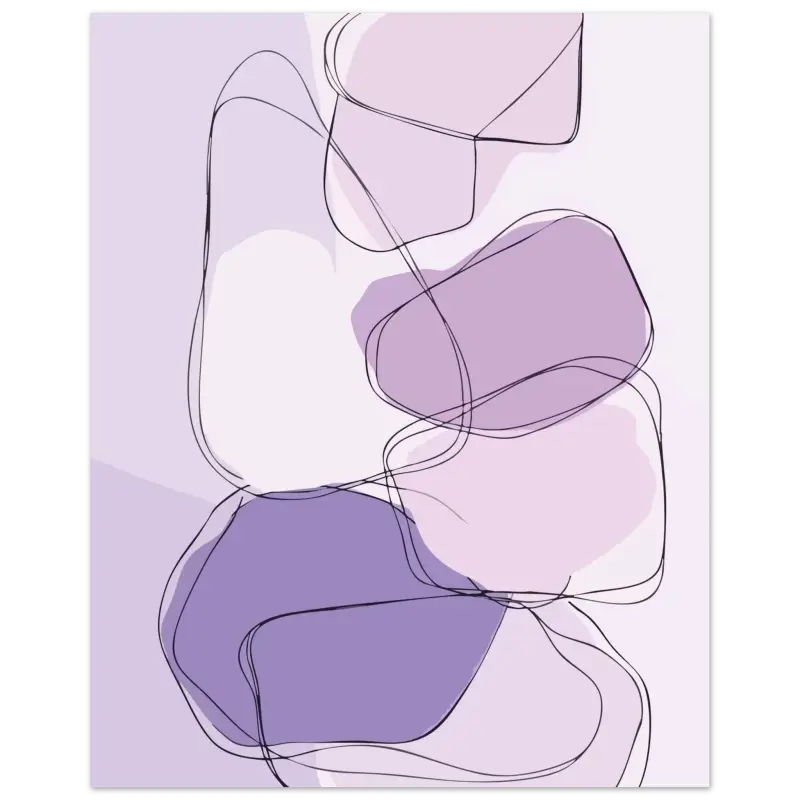 Une estampe d’art abstrait moderne mettant en scène des formes organiques superposées en tons de lavande douce et de violet atténué, soulignées de lignes noires délicates.