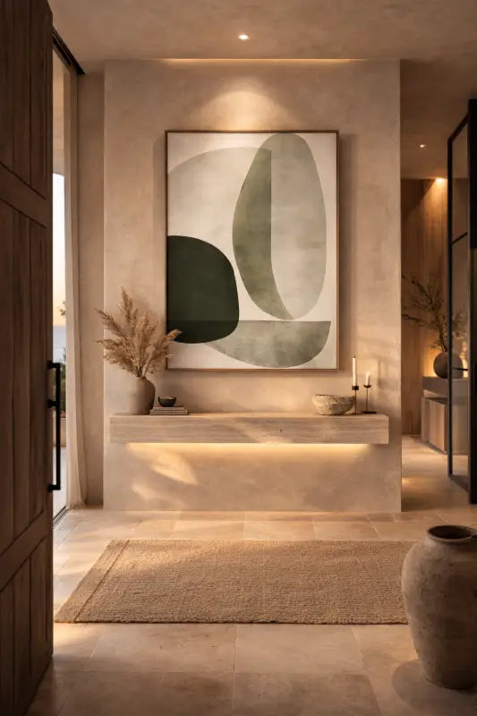 Une peinture abstraite moderne avec des formes géométriques superposées en vert et beige délavés, encadrée dans un cadre en bois clair simple.