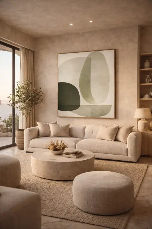 Canapé d’angle beige avec coussins moelleux et arrondis et un design minimaliste.