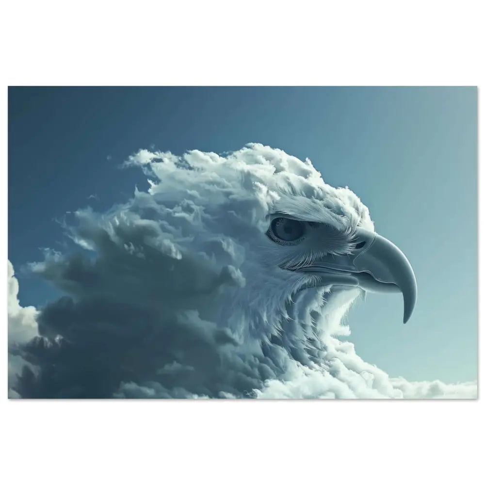 Un majestueux aigle blanc au bec acéré et courbé et à l’œil perçant émerge de nuages tourbillonnants sur un ciel bleu serein.