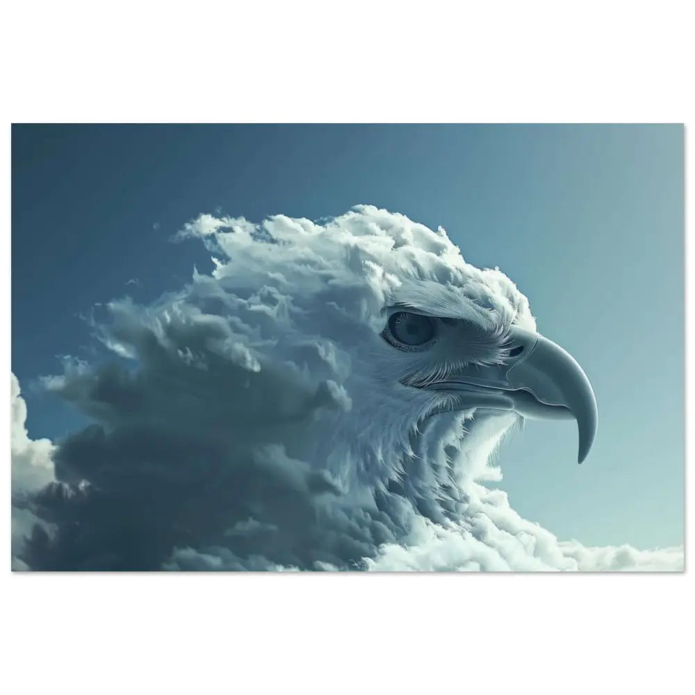 Un majestueux aigle blanc au bec acéré et courbé et à l’œil perçant émerge de nuages tourbillonnants sur un ciel bleu serein.
