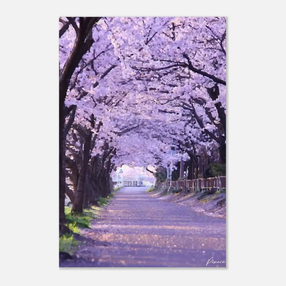 Un chemin serein bordé d’arbres de cerisiers en fleurs, leurs délicates fleurs roses et blanches formant une douce canopée au-dessus.