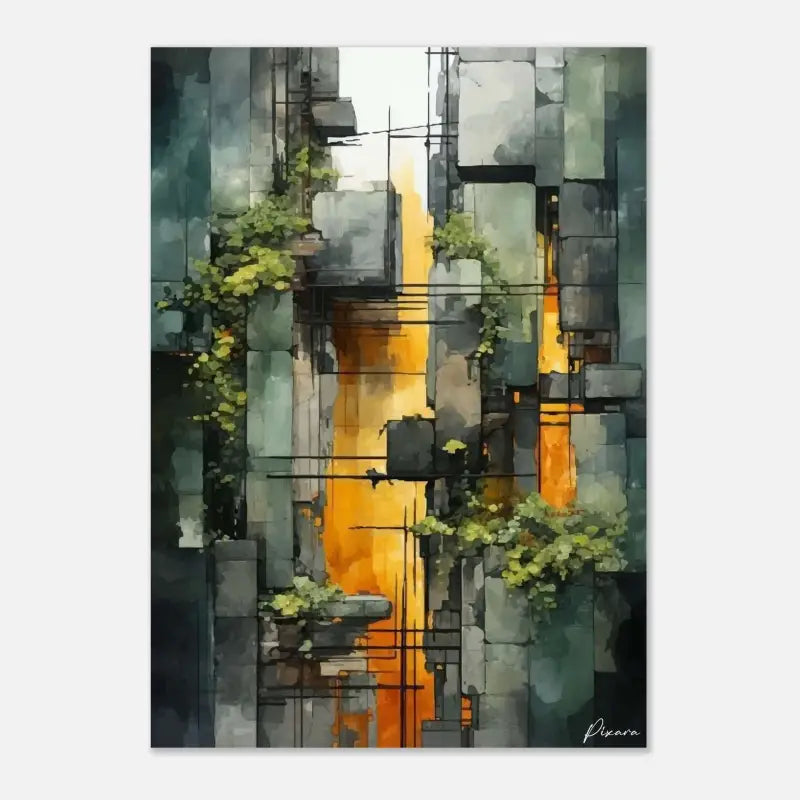 Peinture abstraite à l’aquarelle présentant des blocs empilés de type pierre grise avec des stries verticales orange vives et du lierre vert poussant à travers la structure.