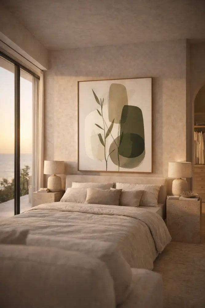 Une œuvre abstraite encadrée avec des formes organiques aux tons beige doux, vert olive et crème sur un fond neutre.