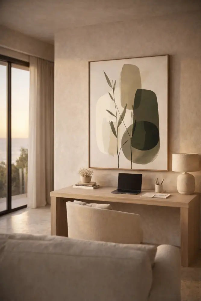 Une estampe d’art abstrait minimaliste mettant en scène des formes organiques superposées en tons olive, beige et crème atténués sur un fond clair.