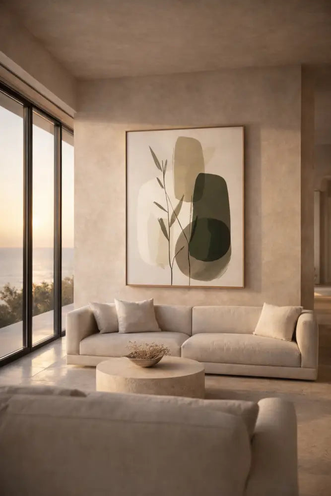 Une peinture abstraite minimaliste avec des formes organiques superposées en vert et beige sur un fond de couleur crème, encadrée dans un bois simple.