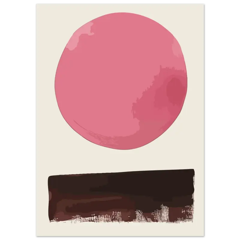 Une impression d’art abstrait minimaliste mettant en scène une forme circulaire rose audacieuse au-dessus d’une bande horizontale marron foncé avec des détails texturés évoquant des coups de pinceau.