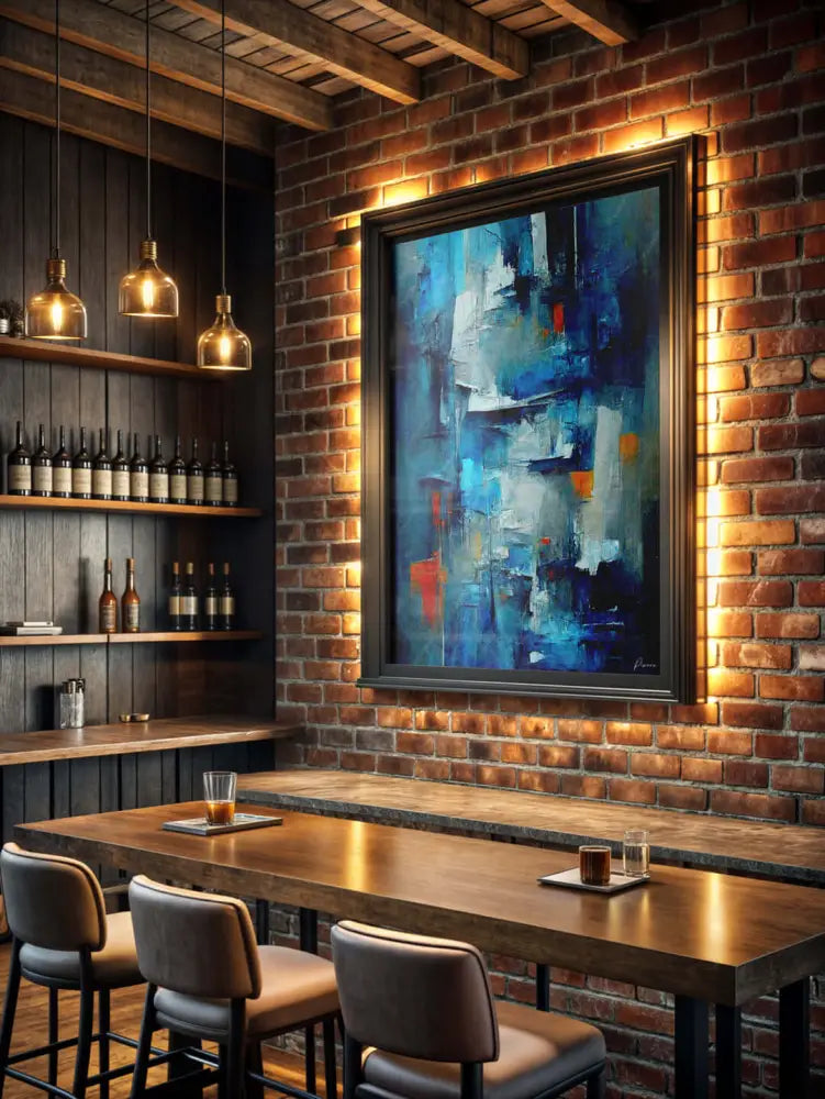 Un tableau abstrait encadré avec des coups de pinceau audacieux en bleu, blanc et orange est accroché sur un mur en briques.