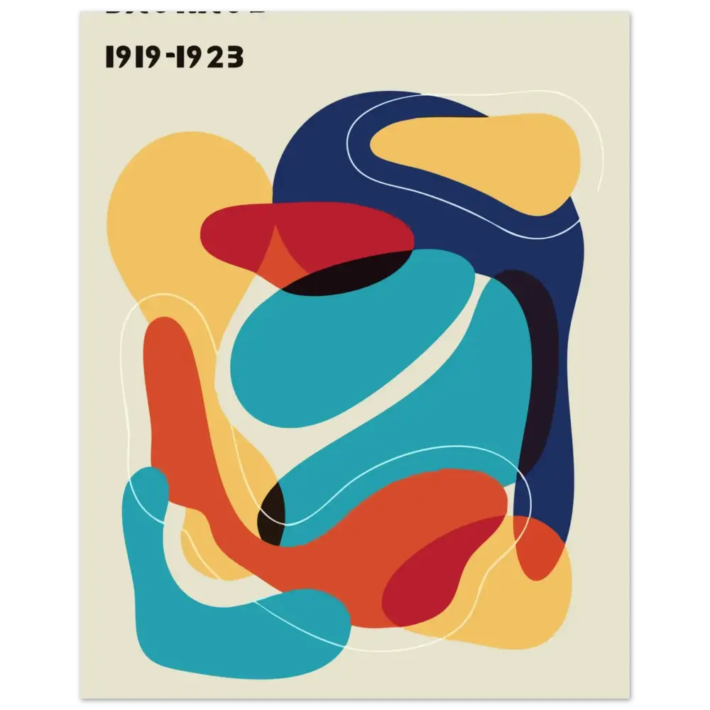 Affiche d’art abstrait vibrant mettant en scène des formes fluides en bleu, rouge, orange et jaune audacieux sur un fond crème.