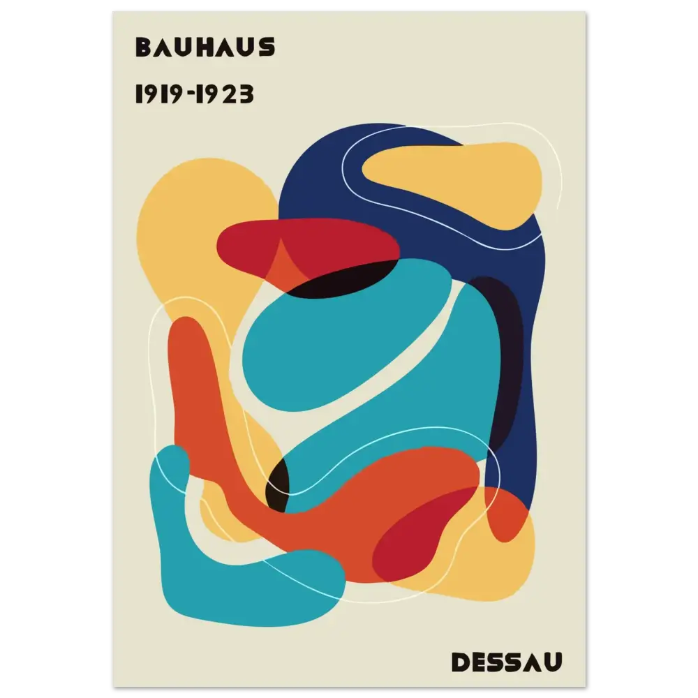 Affiche d’art abstrait vibrant mettant en scène des formes audacieuses et fluides en teal, rouge, orange et marine sur un fond crème.