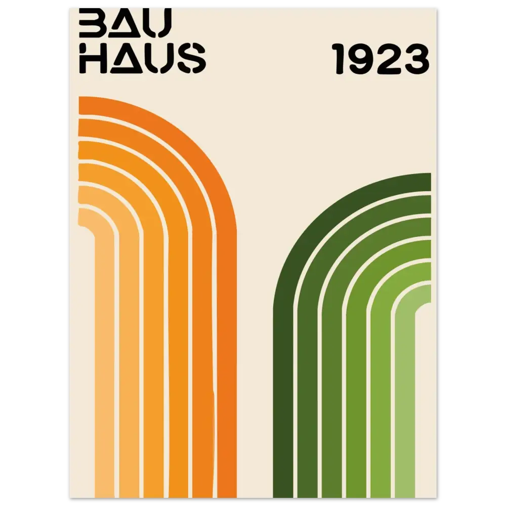 Un poster minimaliste Bauhaus mettant en scène des arches géométriques audacieuses en dégradé orange et vert sur un fond crème.