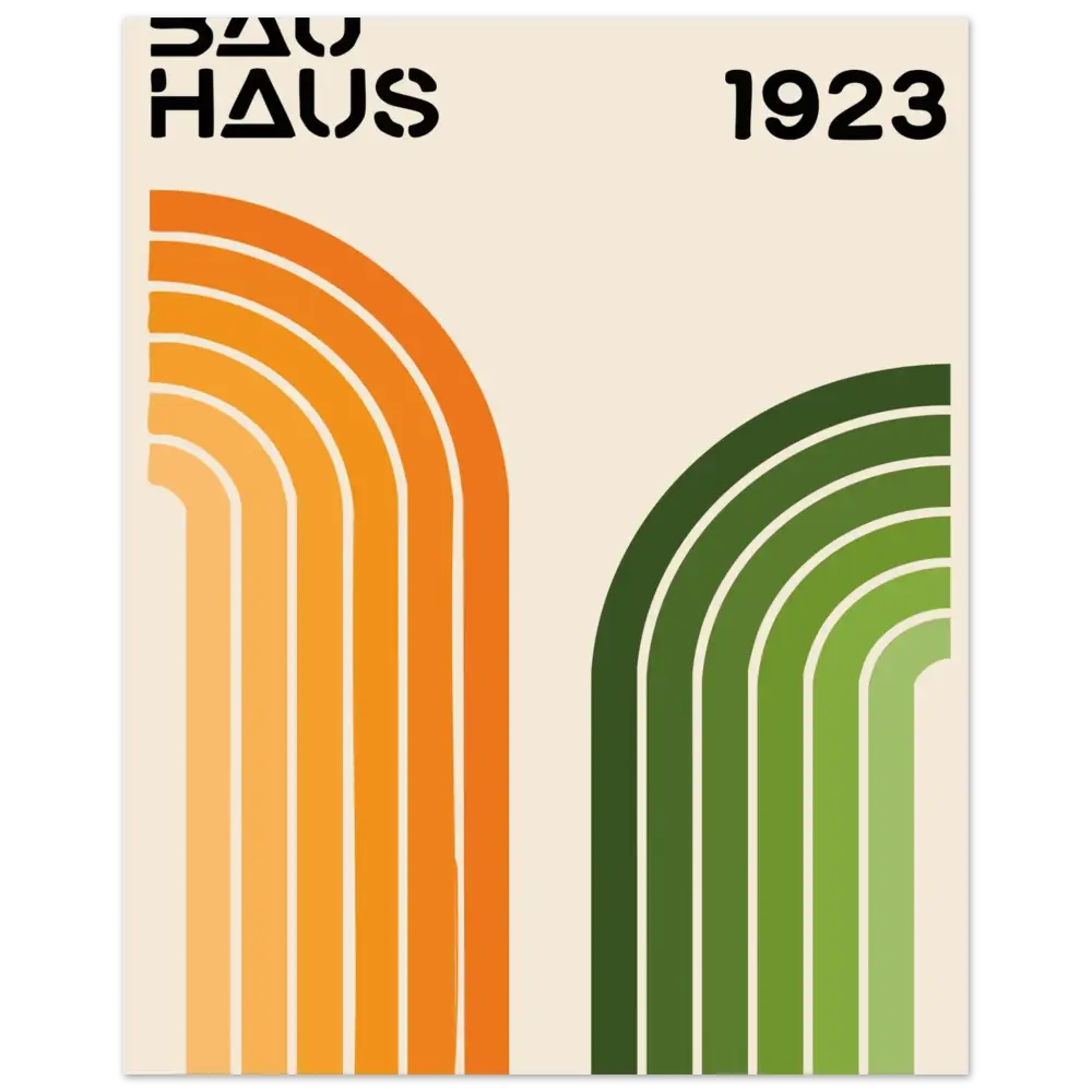 Une affiche de style vintage présentant des bandes orange et vertes audacieuses et courbées sur un fond crème avec « bauhaus 1923 » imprimé en noir.