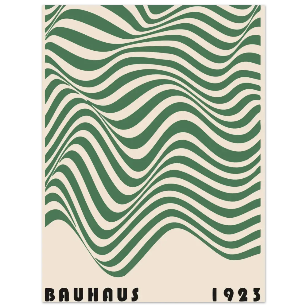 Une affiche de style vintage présentant des rayures vertes et crème audacieuses et ondulantes avec « bauhaus 1923 » imprimé en bas.