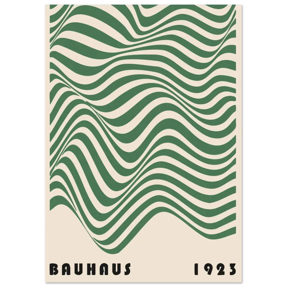 Une affiche de style vintage présentant des rayures vertes et crème ondulées audacieuses avec « bauhaus 1923 » imprimé en bas.