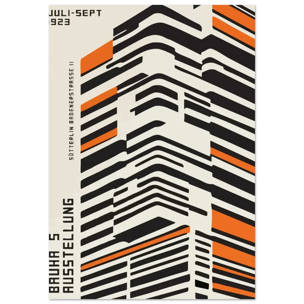 Une affiche audacieuse et géométrique avec des rayures noires et orange sur un fond crème.