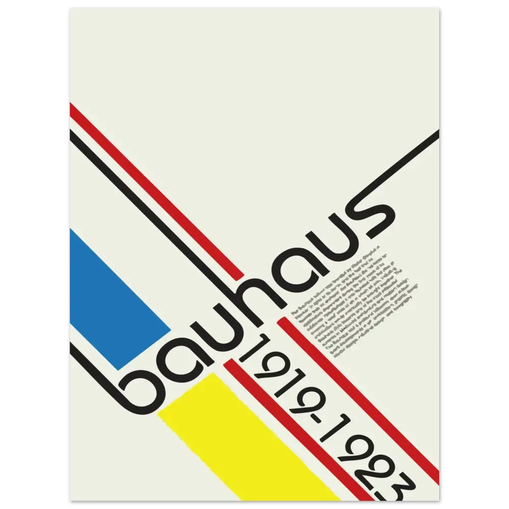 Affiche bauhaus minimaliste présentant des formes géométriques audacieuses en noir, rouge et bleu sur un fond crème avec le mot « bauhaus » en grande police sans-serif.