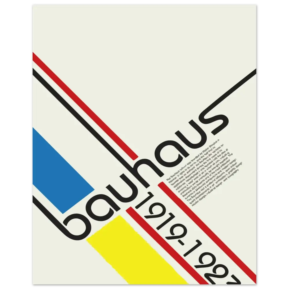 Affiche bauhaus minimaliste présentant des formes géométriques audacieuses en noir, rouge, bleu et jaune sur un fond crème.
