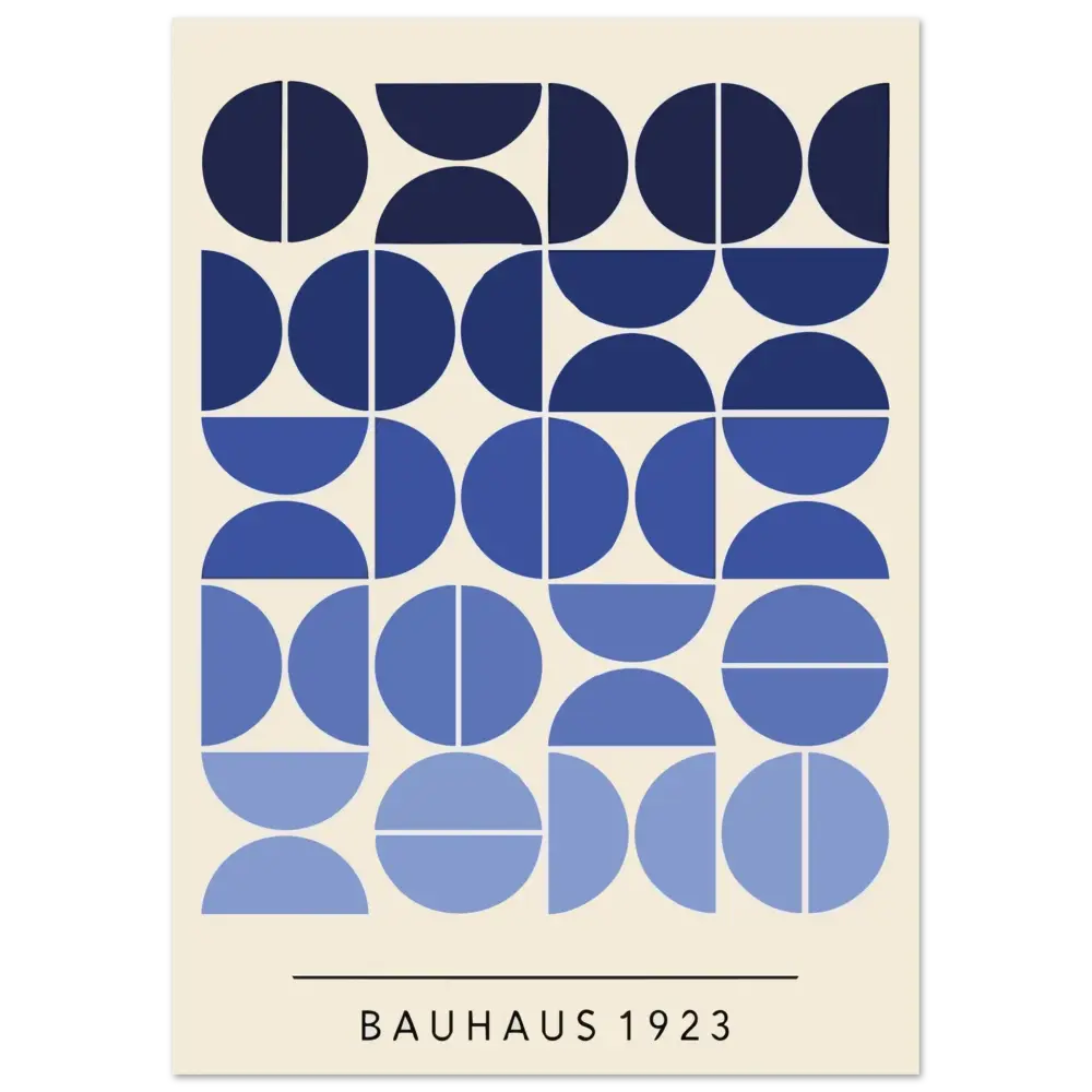 Une affiche minimaliste inspirée du Bauhaus présentant une grille de formes géométriques circulaires bleu marine et bleu clair sur un fond blanc cassé, avec le texte « bauhaus 1923 » en bas.