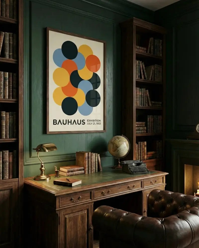 Une affiche d’exposition Bauhaus encadrée présentant des cercles audacieux et superposés en noir, jaune, orange et bleu sur un fond crème.