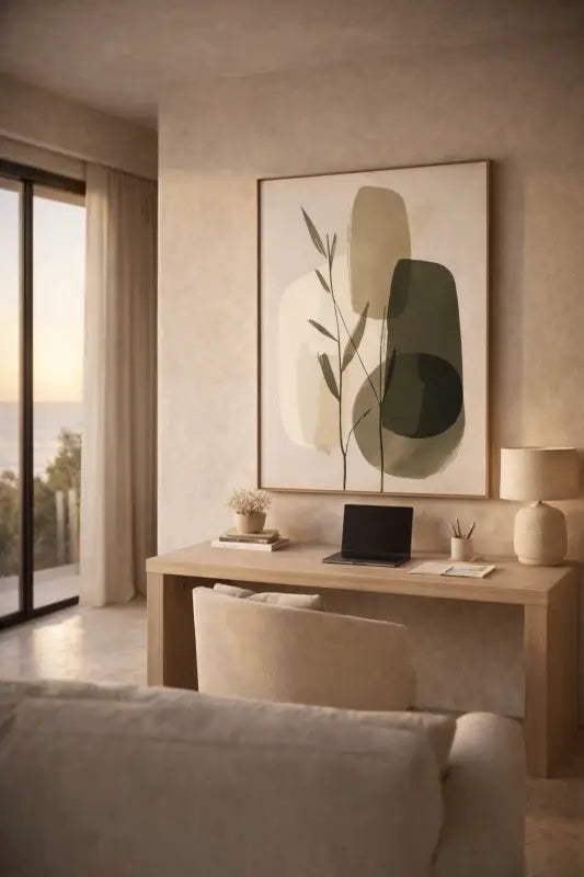 Une estampe d’art abstrait minimaliste mettant en scène des formes organiques superposées en tons olive, beige et crème atténués sur un fond clair.