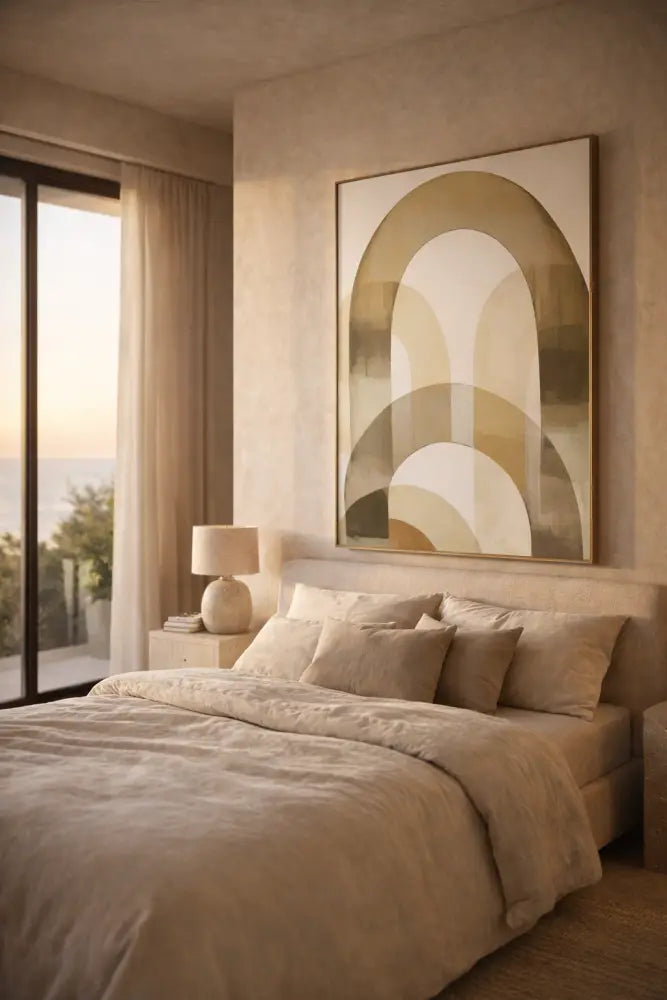 Un tableau abstrait moderne avec des arches superposées beige, or et crème dans un cadre minimaliste est suspendu au-dessus du lit.