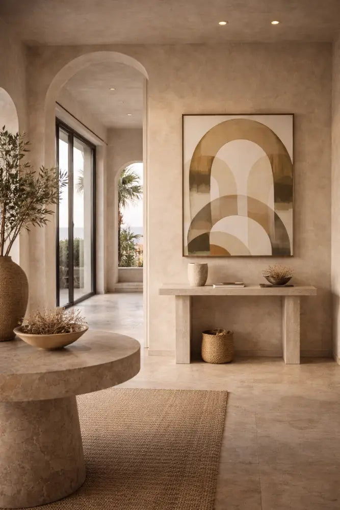 Pièce d’art abstrait beige avec des formes courbes superposées en tons terreux, encadrée dans une bordure sombre simple.