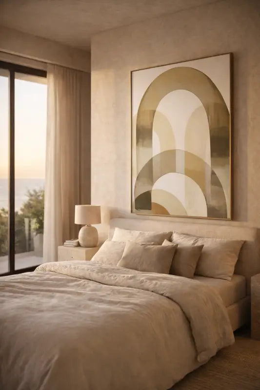 Un tableau abstrait moderne avec des arches superposées beige, or et crème dans un cadre minimaliste est suspendu au-dessus du lit.