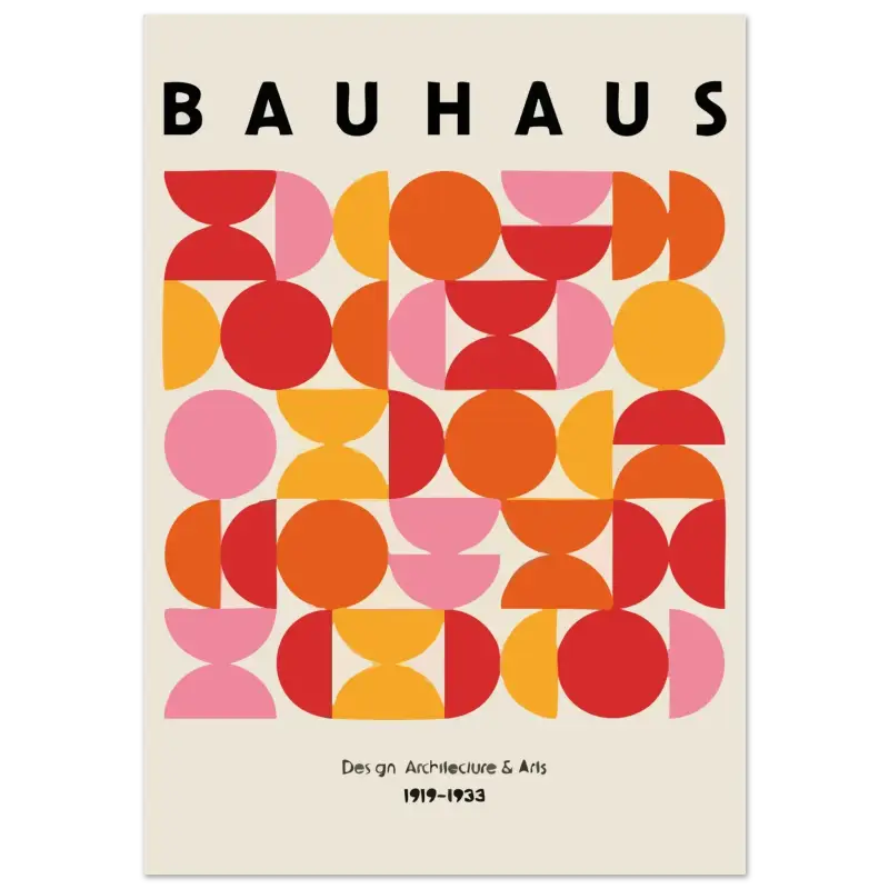 Une affiche vibrante de style Bauhaus présentant un motif géométrique de cercles rouges, orange et roses se chevauchant sur un fond blanc cassé.