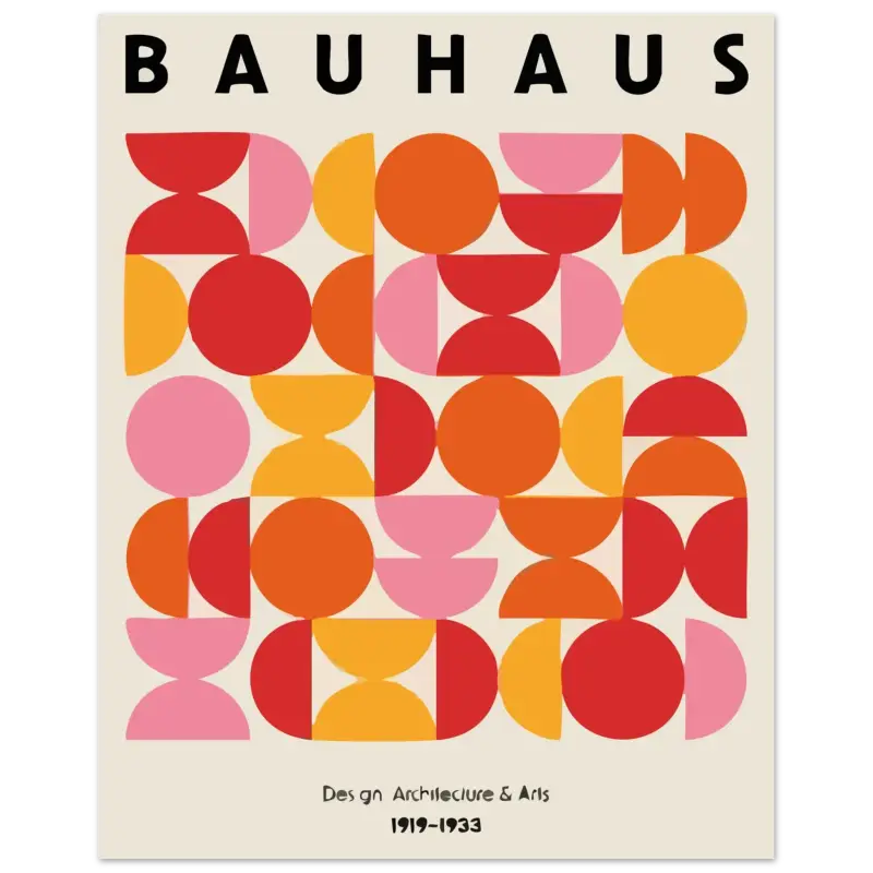 Affiche géométrique vibrante de style Bauhaus mettant en scène des motifs circulaires audacieux en rouge, rose et orange sur un fond crème.