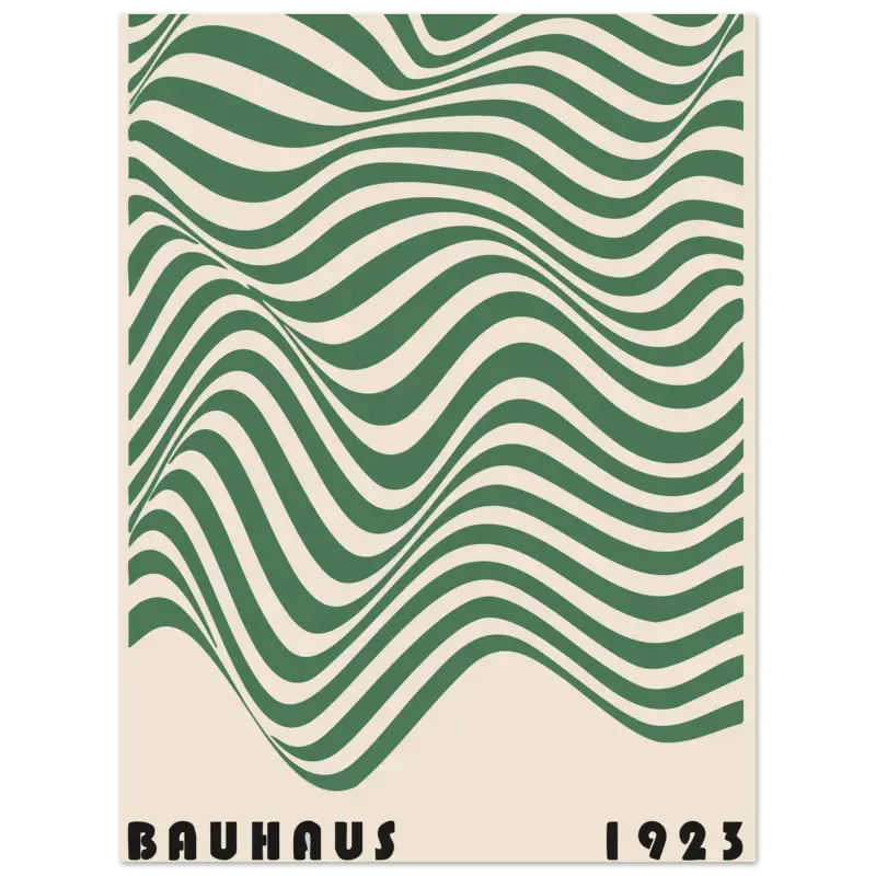 Une affiche de style vintage présentant des rayures vertes et crème audacieuses et ondulantes avec « bauhaus 1923 » imprimé en bas.