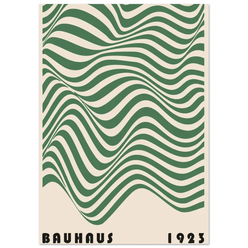 Une affiche Bauhaus de style vintage présentant des rayures vertes et crème audacieuses et ondulantes avec « bauhaus 1923 » imprimé en noir en bas.