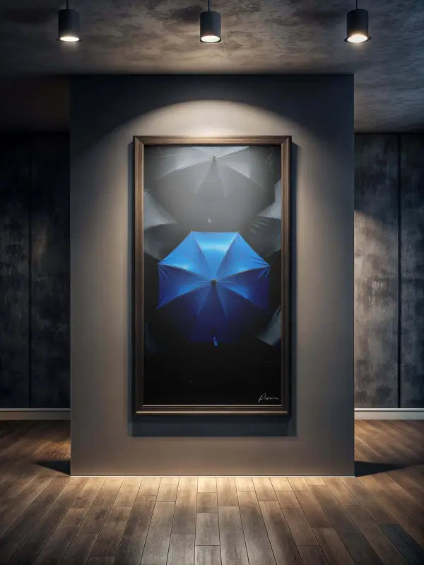 Une œuvre d’art encadrée mettant en scène un parapluie bleu frappant au centre, sur un fond sombre et atmosphérique avec des parapluies gris flous.